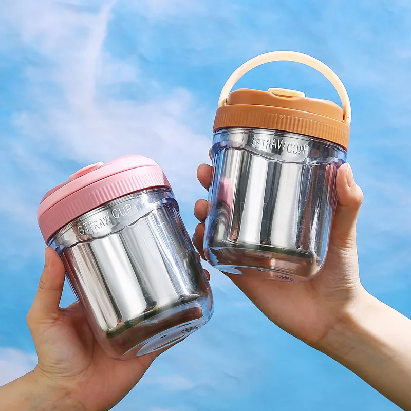 PP/Stainless Steel Coffee Cup With Straw Portable Kawaii Milk Juice Bottle Outdoor Sports Water Bottles For Student Work,500ML