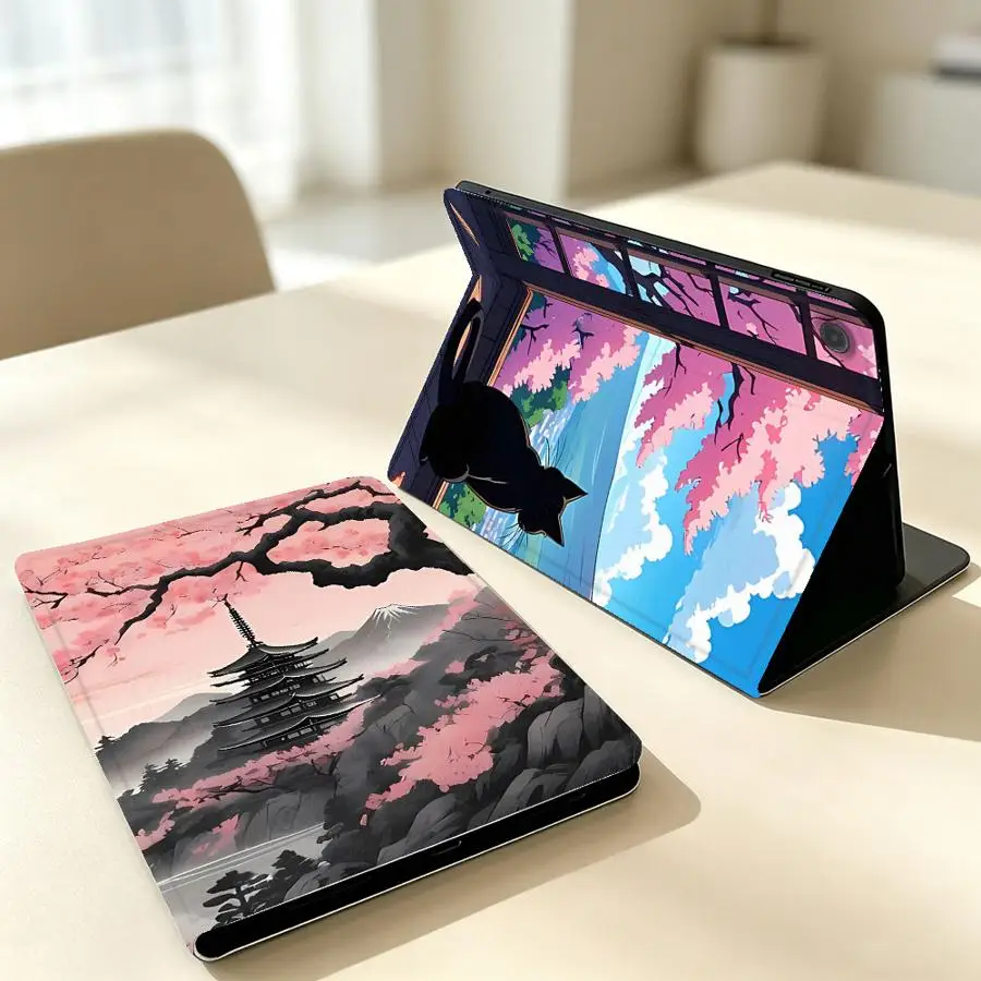 Cute Japanese Style Cat with Pencil Slot Case for Samsung Galaxy Tab S9+ S10 Lite S9 FE A11 S10FE S7 S8+ A9Plus S11 A7 Lite A8