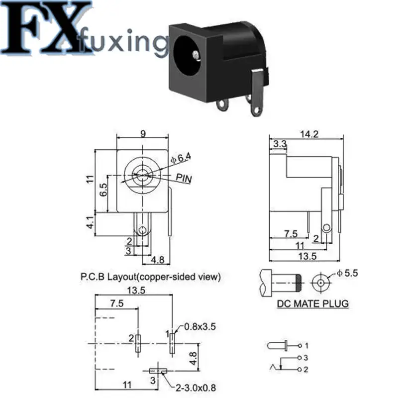 20Pcs DC-005 Black 5.5x2.1mm DC Power Jack Socket DC Female Connectors Supply Barrel-Type Right Angle PCB Mount Terminal Adapter
