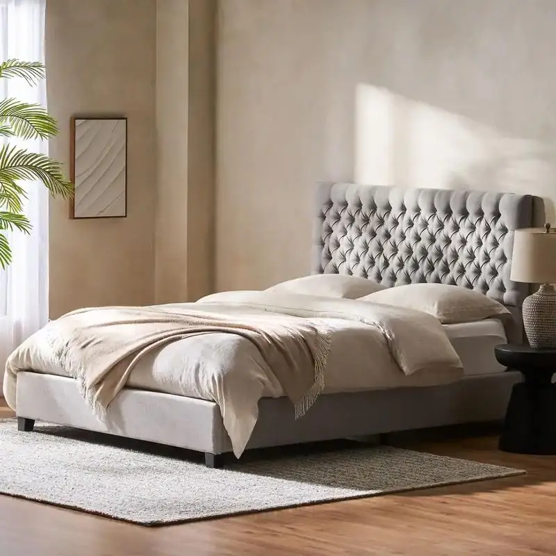Marco de cama moderno con plataforma Queen, tapizado con cabecero capitoné con botones profundos, fácil montaje, diseño elegante para dormitorio
