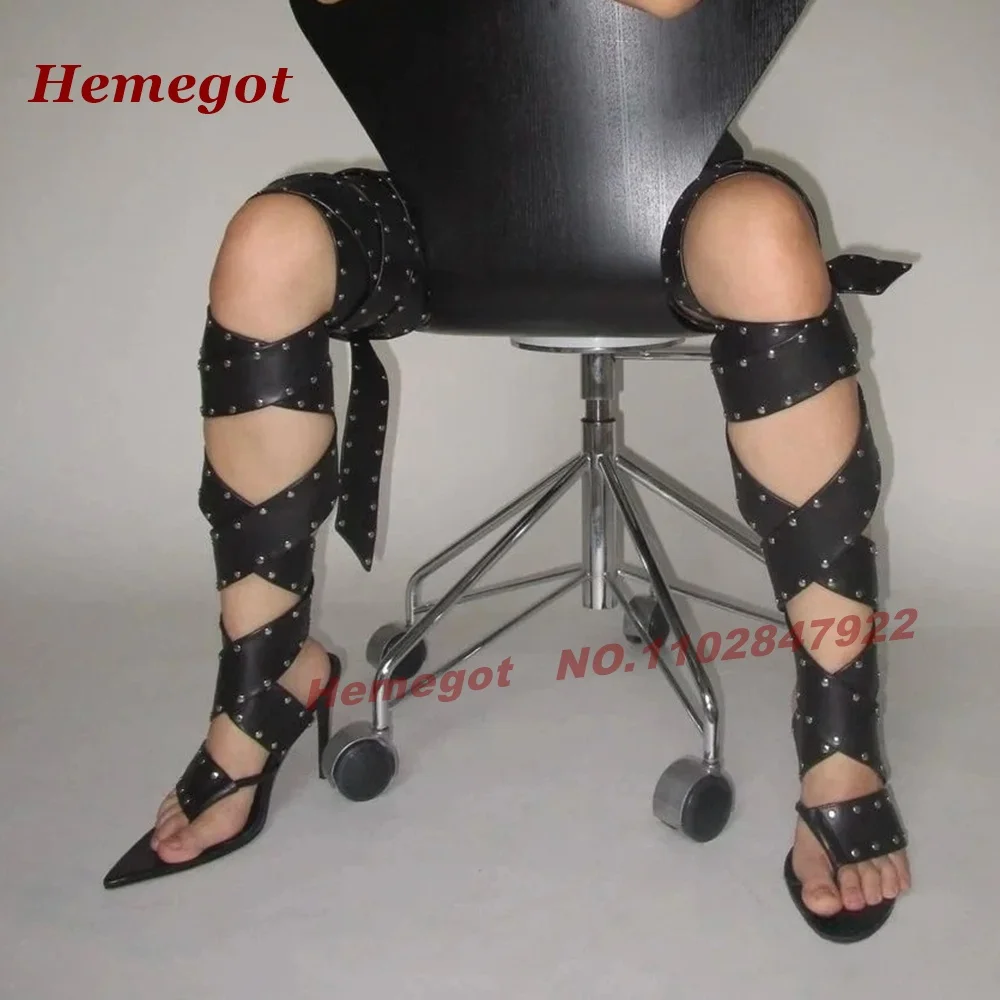 Black Rivet Studded Wrap Over‑The‑Knee Sandal Boots Crisscross Lace‑Up Thigh High Stiletto Heels Clip Toe Lace-Up Splicing Shoes