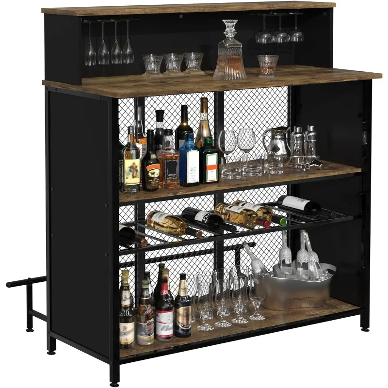 Home Bar Furniture Unit Mini Bar Bar Table with Storage and Footrest, Suitable for Home Kitchen (Brown and Grey)