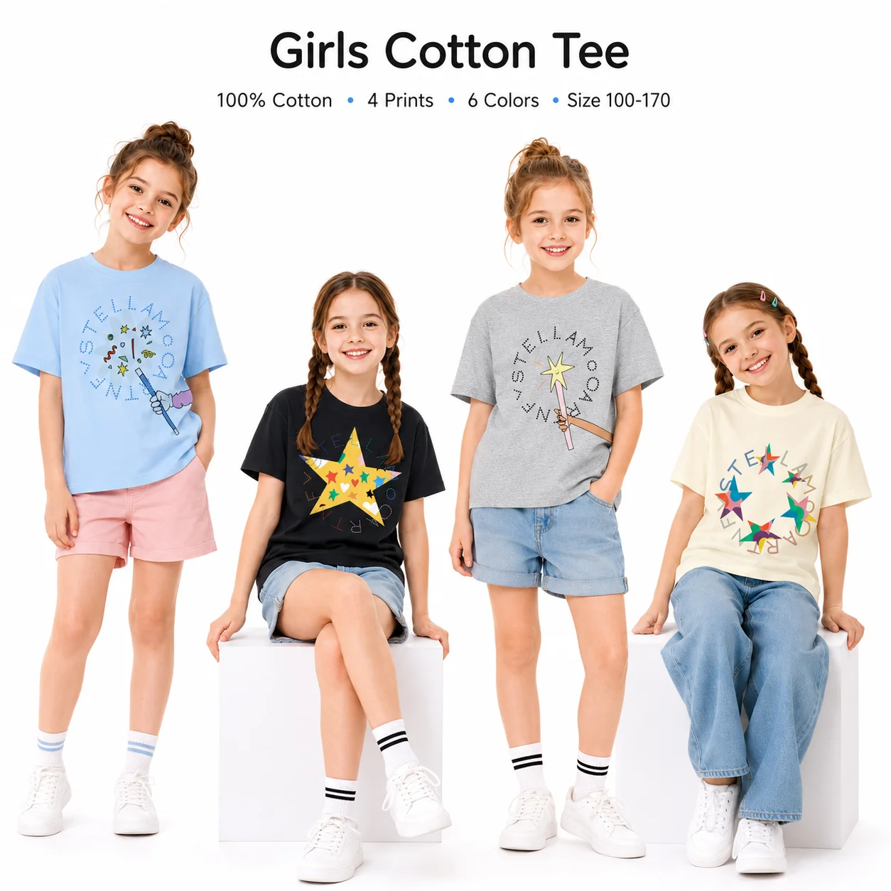 T-shirts à imprimés amusants et mignons pour filles, vêtements d'été, T-shirt avec baguette magique, manches courtes, vêtements décontractés pour enfants, hauts à demi-manches pour enfants