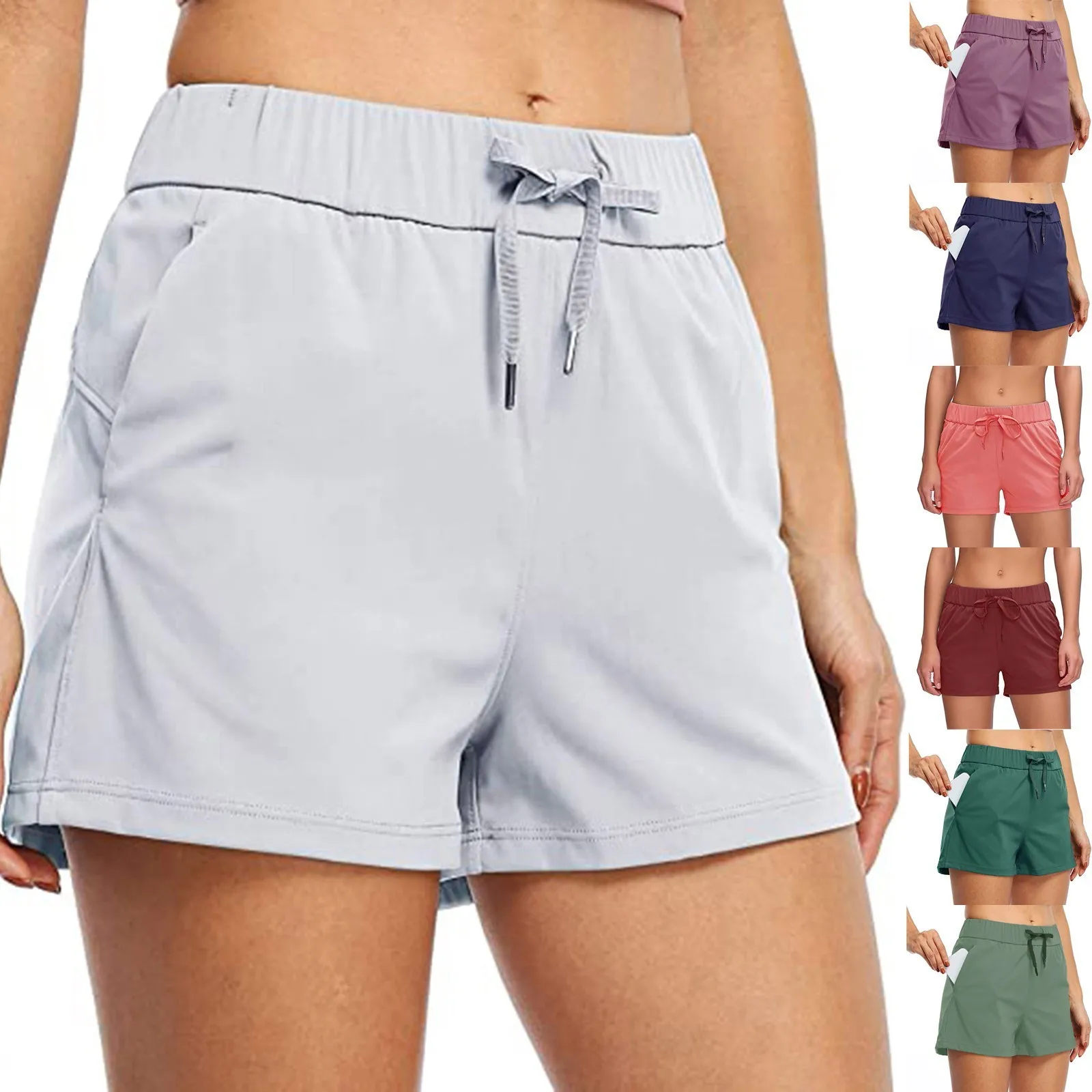 Women's Shorts Drawstring Mid Rise Shorts Summer Casual Sports Solid Color Pocket Loose Shorts Yoga Shorts for Women