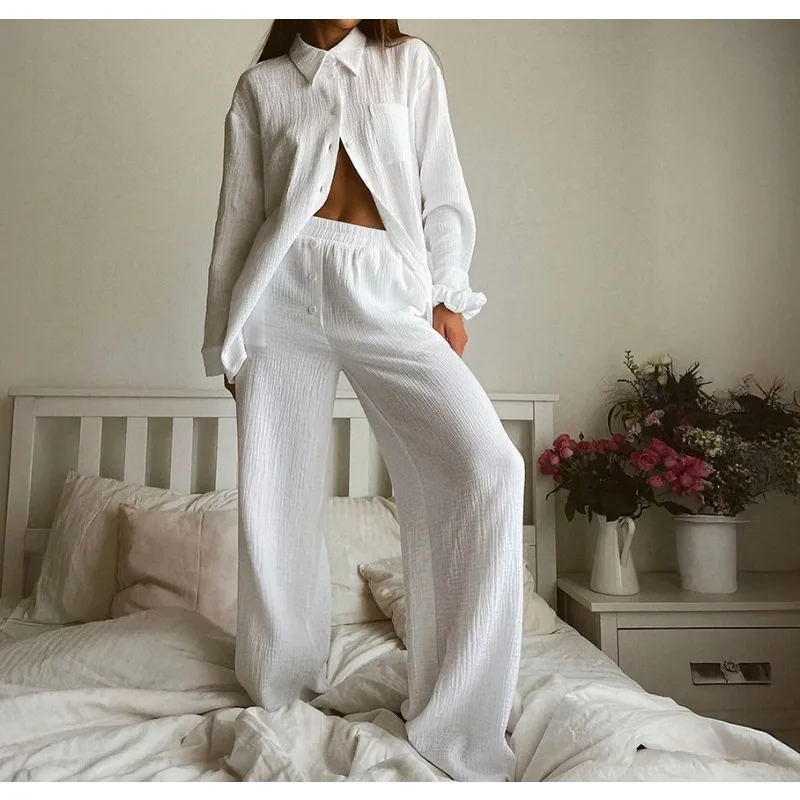 

2025 Fall/Winter New High-end Cotton Wrinkled Shirt Pants Suit, Shirt Pants Loungewear Set
