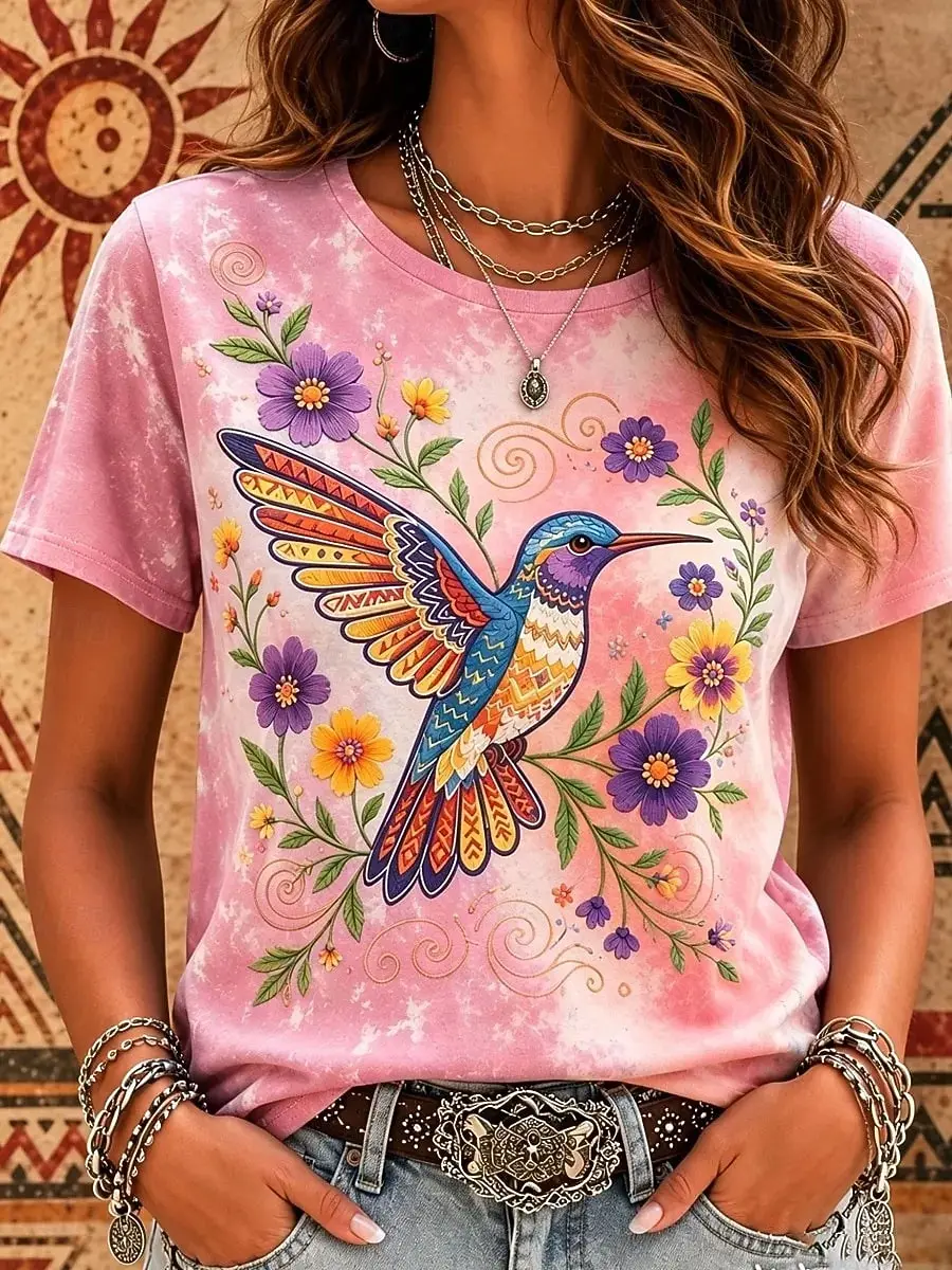 Women's Spring Summer 3D Printed Crew Neck T Shirt, Pink Tie Dye Colorful Hummingbird Floral Ethnic Boho Fresh Top