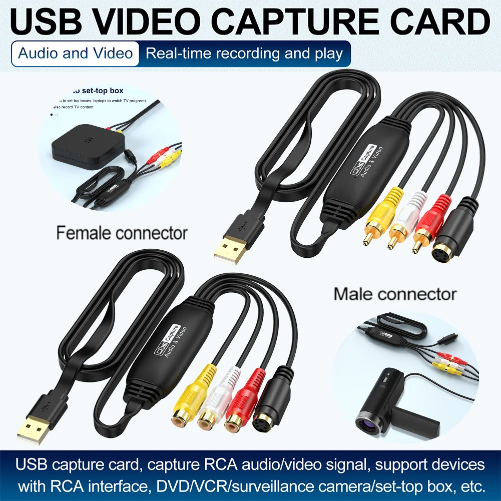 

Конвертер VHS в цифровой формат, USB-видеозахват, карта видеозахвата USB, адаптер для захвата аудио и видео с VHS, ТВ, DVD, VCR, USB-AV, для ПК, с разъемами Female/Male