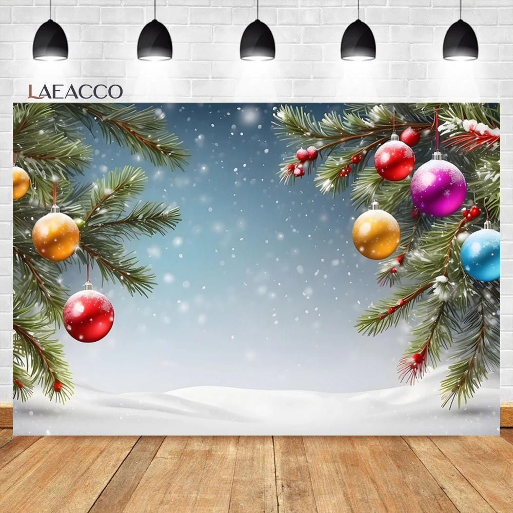 Laeacco Christmas Wood Wall Backdrop Winter Snow Wooden Board Pine Branches Lights New Year Family Party Photography Background