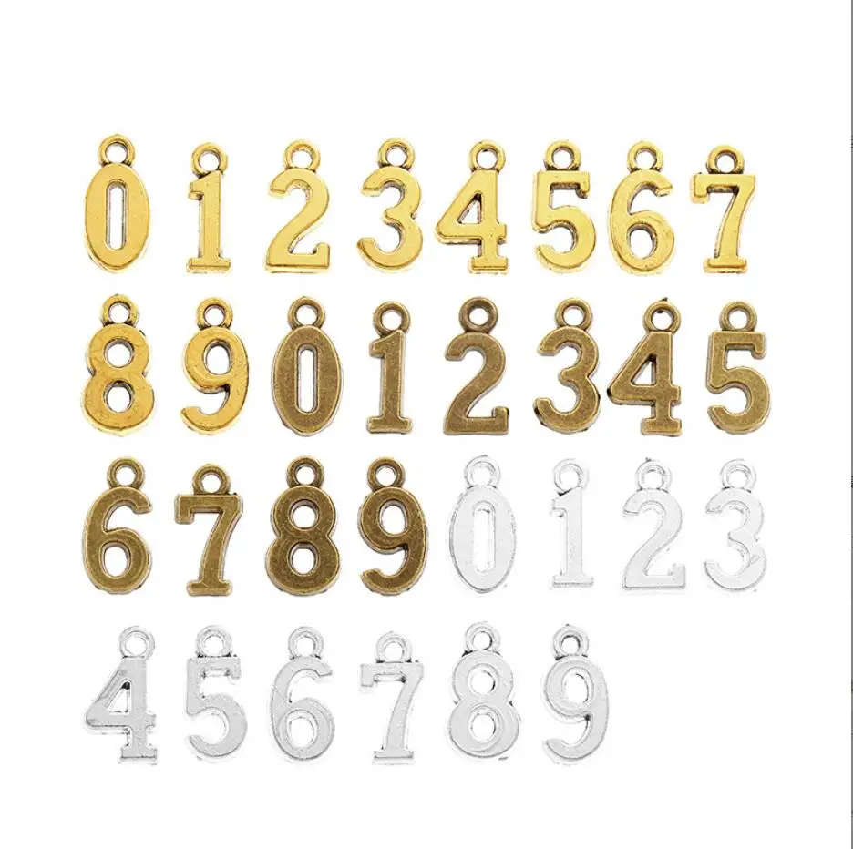 (100pcs)10 Sets 3 Colors Metal Alloy number 0-9 digital Charms Pendants Diy Jewelry Accessories 16*8 mm F0154