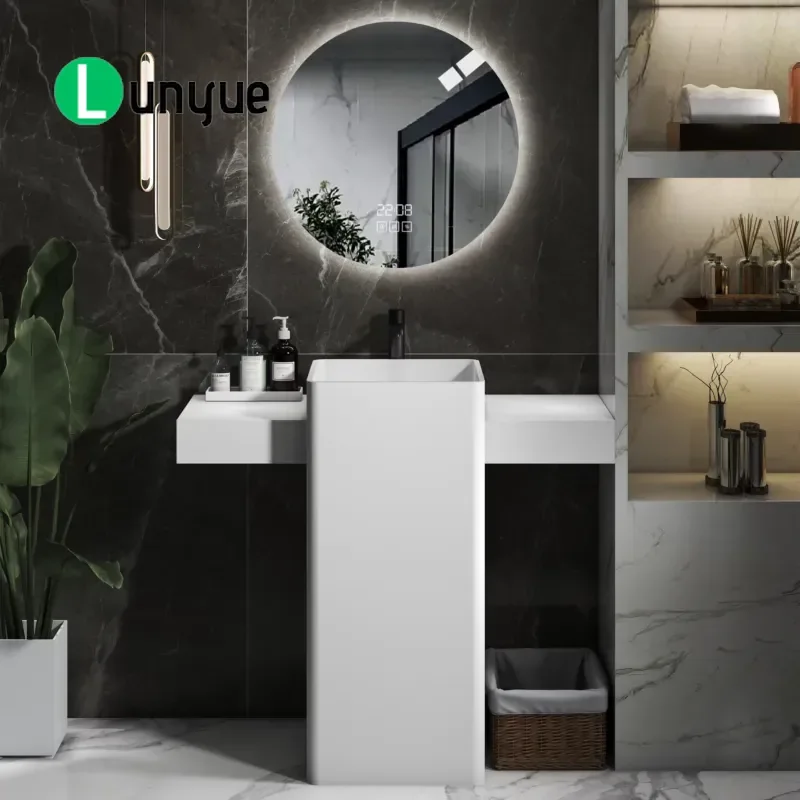 Modern Square Artificial Stone Integrated Column Wash Basin with Shelf Marble Bathroom Sink Vanity Unit for Home Hotel Decor