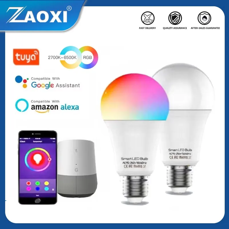 ZAOXI-bombilla inteligente con Bluetooth para el hogar, foco de luz LED RGBCW de 9W con Control por asistente de voz, compatible con Google Home y Alexa, Tuya