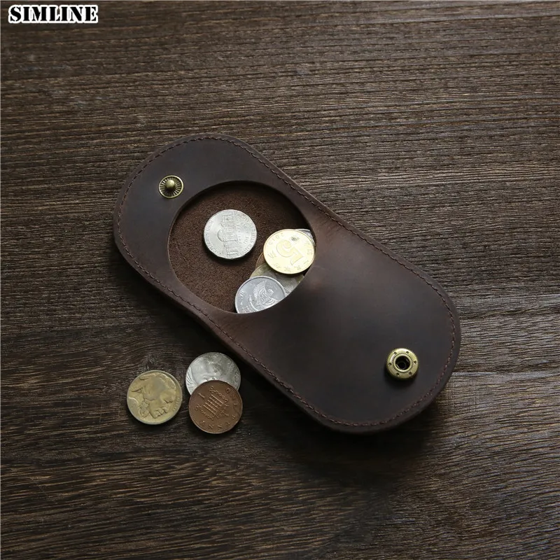 SIMLINE Genuine Leather Coin Purse For Men Vintage Handmade Cowhide Mini Small Coins Wallets Pouch Organizer Case Bag Holder