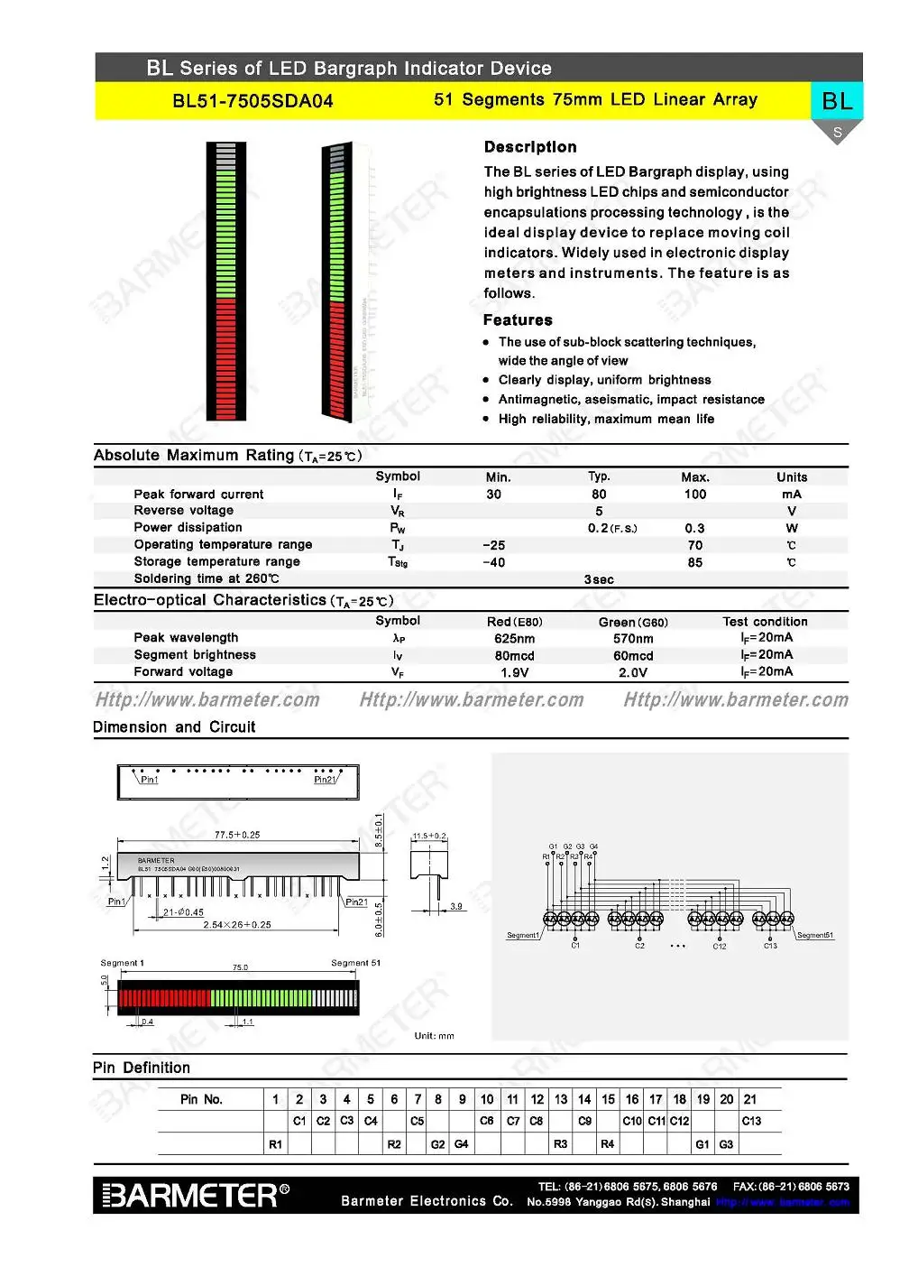 BL51-7505SDA04 Used for testing equipment display device 51segment tri-color(Red,Green,Yellow) light bar display device