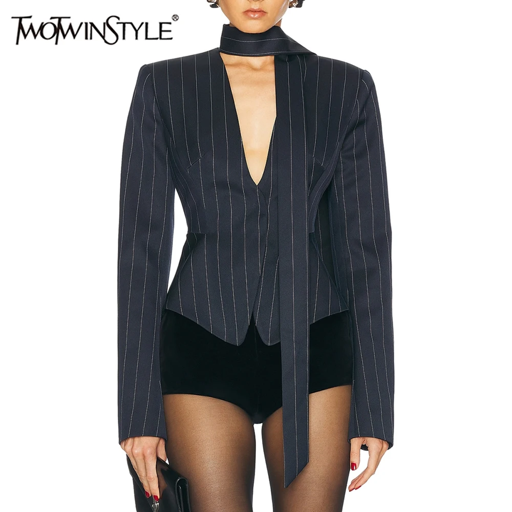 TWOTWINSTYLE Colorblock Blazer dimagranti a righe per le donne Scollo a V Manica lunga Tunica Temperamento Cappotti Abiti di moda femminile Nuovo