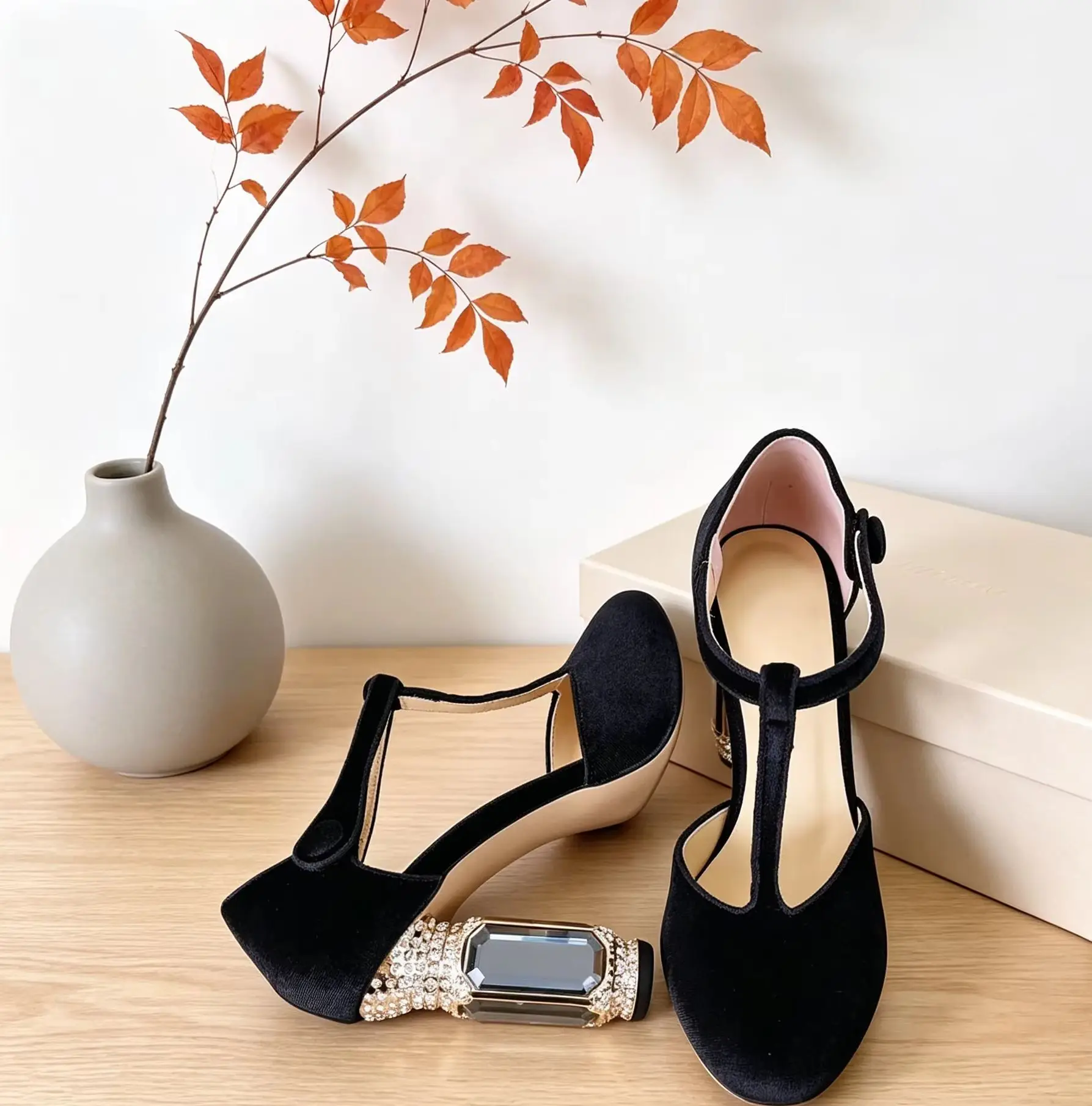 Velvet Round Toe Women Heels Pumps Chunky High strap Buckle  Daily Large Crystal Sandals Summer Luxury Black Party Lady Shoe