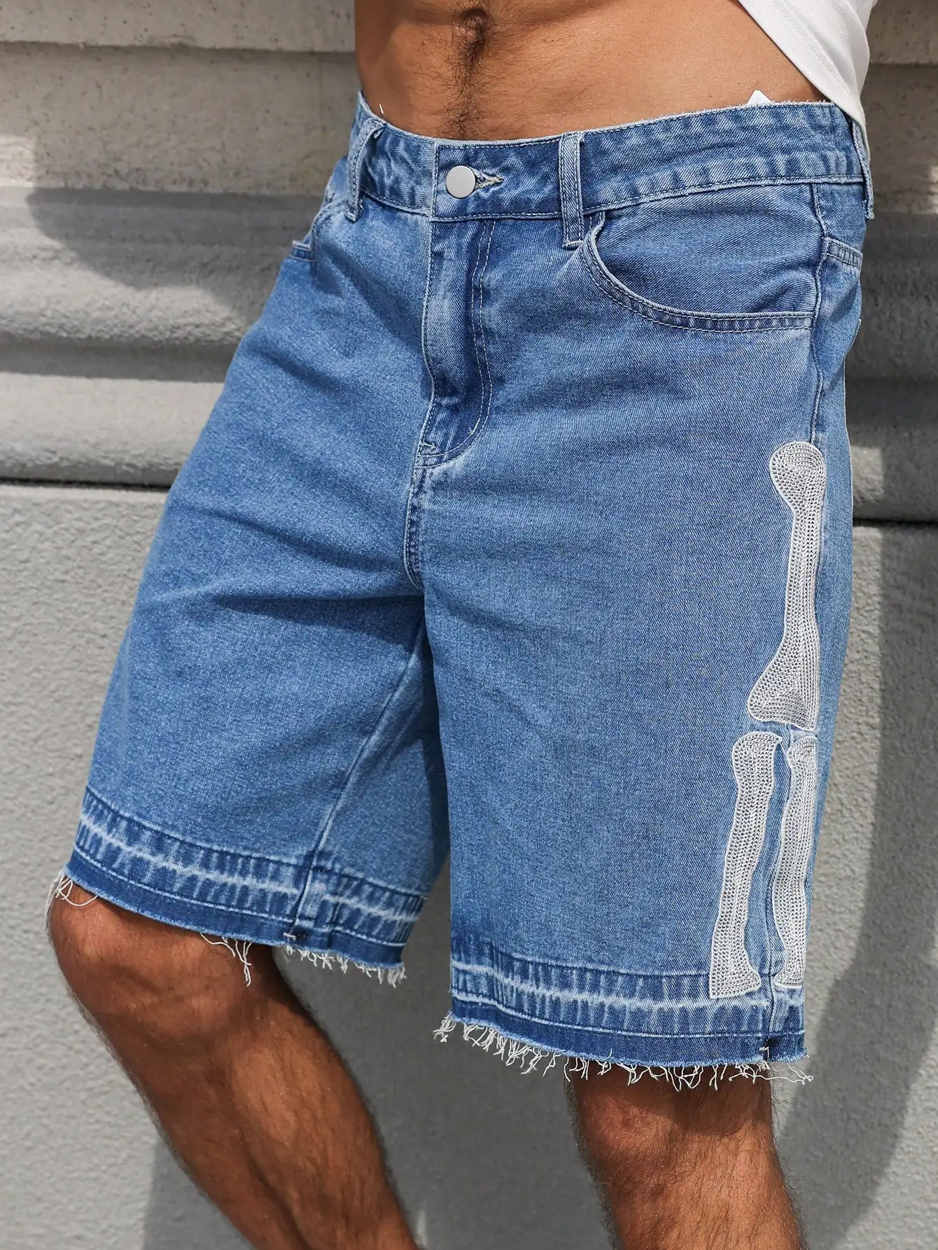 Shorts Denim Frayed - Men's Bone Embroidered Denim Shorts, Y2K
