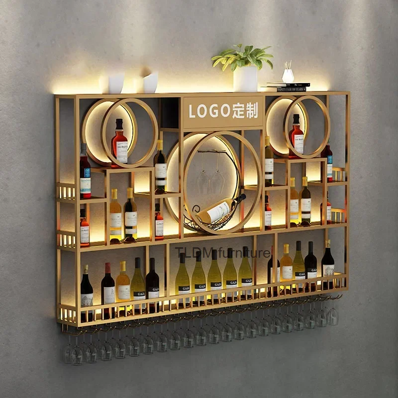 Wand halterung Display Wein regale Küche moderne Luxus Gold Wein regal Display große Spirituosen geschäft Stojak na Wino Bar Möbel