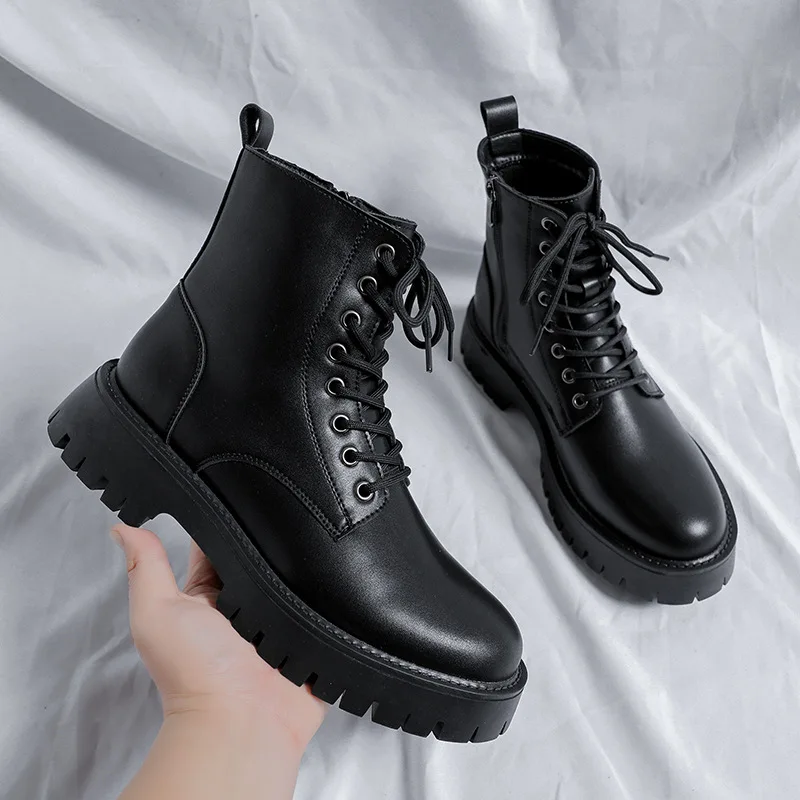 

Korean style men's fashion motorcycle boots black tide platform shoes cowboy genuine leather boot spring autumn ankle botas male