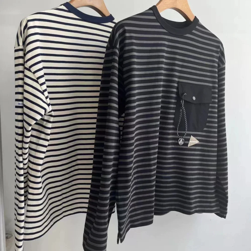 AND WANDER Breton Stripe Long Sleeve T Shirt Men Heavyweight Crew Neck Pocket Tee Casual Outdoor Streetwear Loose Fit Autumn Top