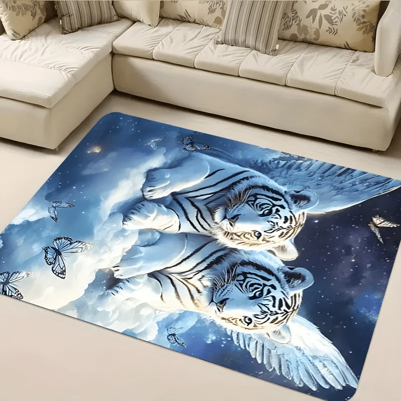White Tiger Angel Wings Flannel Rug Clouds Stars Butterflies Floor Mat Soft Non-slip Area Carpet for Living Room Bedroom Decor