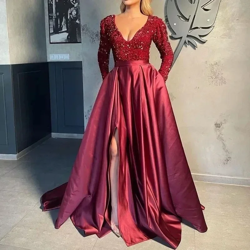 

Exquisite Sequin Deep V-neck Full Sleeve Evening Dresses Temperament with Pockets Slim Waist Vestidos Sexy Split Prom Dress