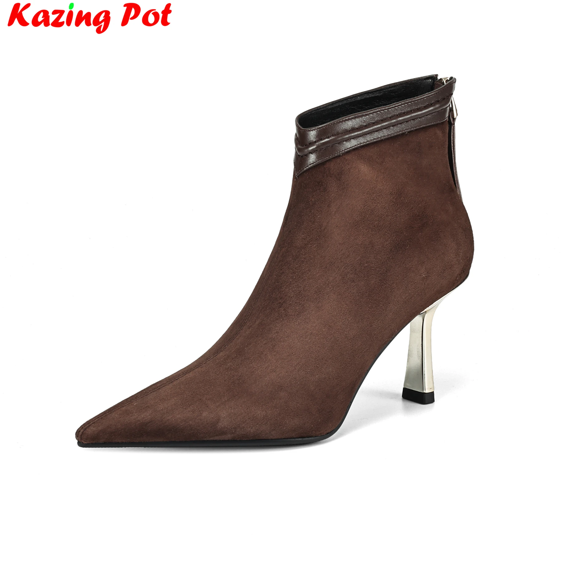 

Krazing Pot 2026 Sheep Suede Pointed Toe High Heels Modern Boots Winter Autumn Shoe Vintage Party Mature Dress Women Ankle Boots