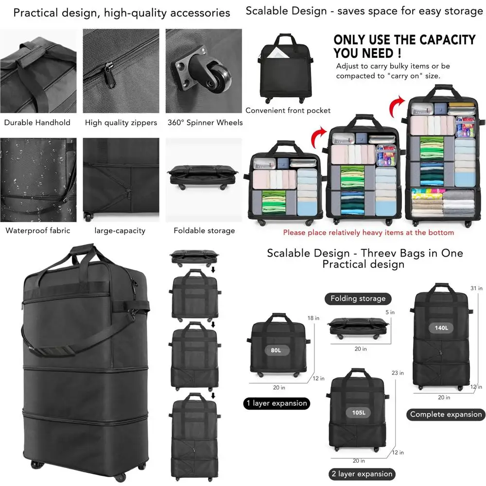 

Collapsible Large-Capacity Rolling Suitcase with Wheels for Men and Women