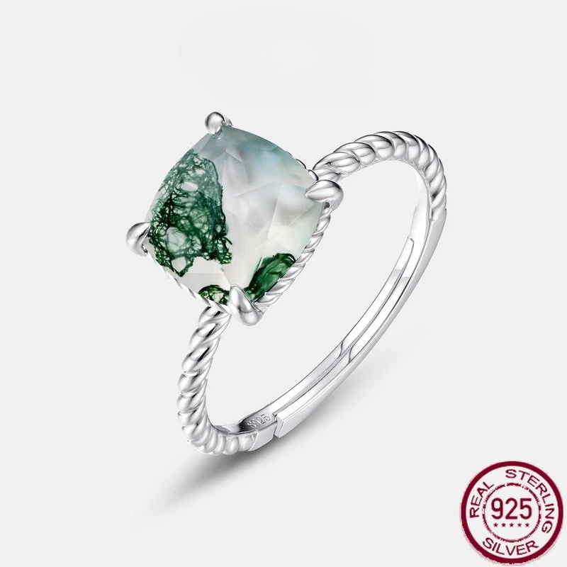 

New S925 sterling silver Fried Dough Twists ring wall inlaid with water grass agate natural green moss stone wedding jewelry