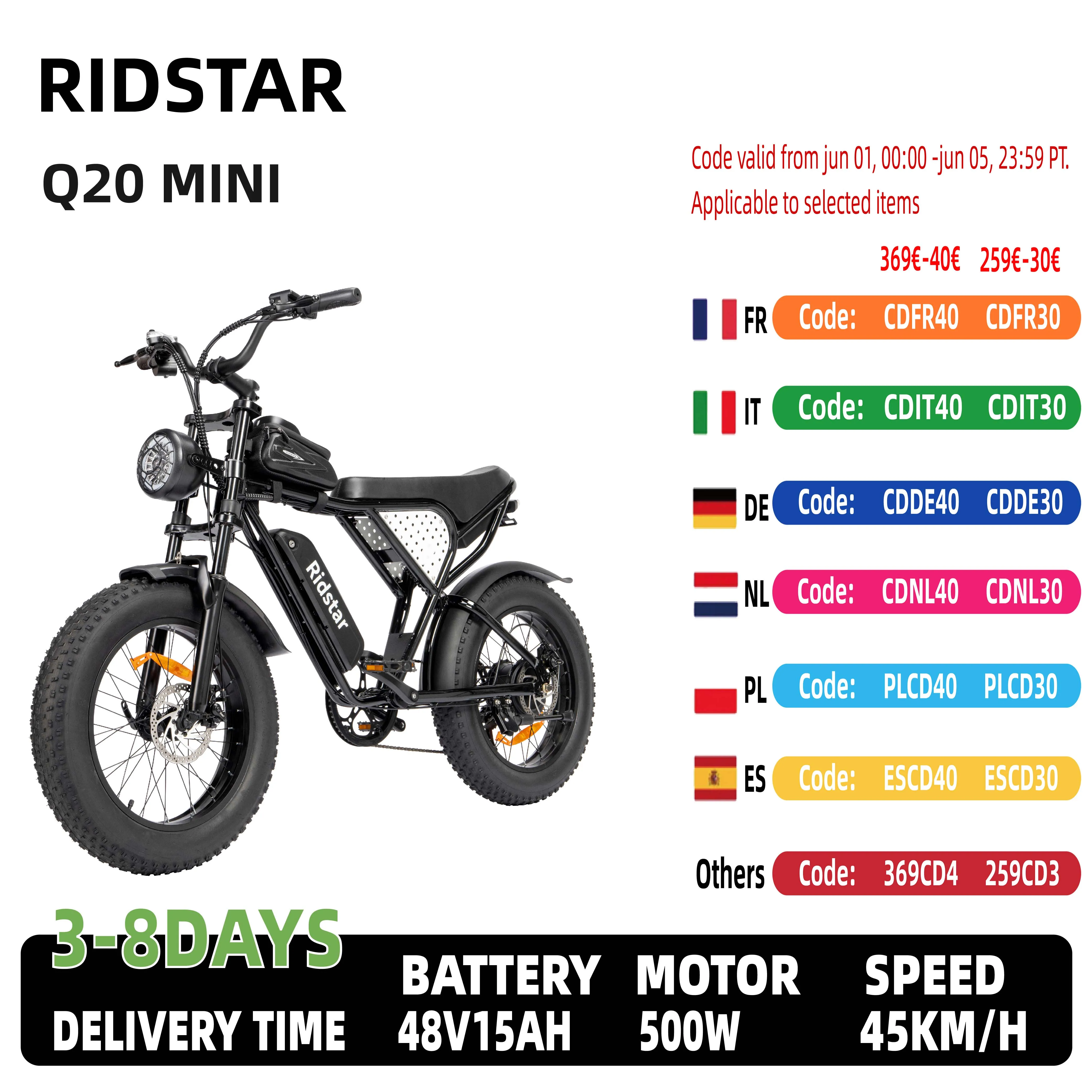 Ridstar Q20 Mini-Elektrofahrrad, 1000 W Motor, 48 V, 15 Ah Batterie, 20 x 4,0 Zoll breiter Reifen,