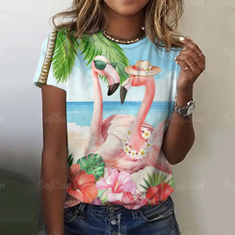 Women T-Shirts 3d Flamingo Print Fashion O-Neck Casual Ladies Casual Female Top Harajuku Girls Short Sleeve Loose Woman Clothes