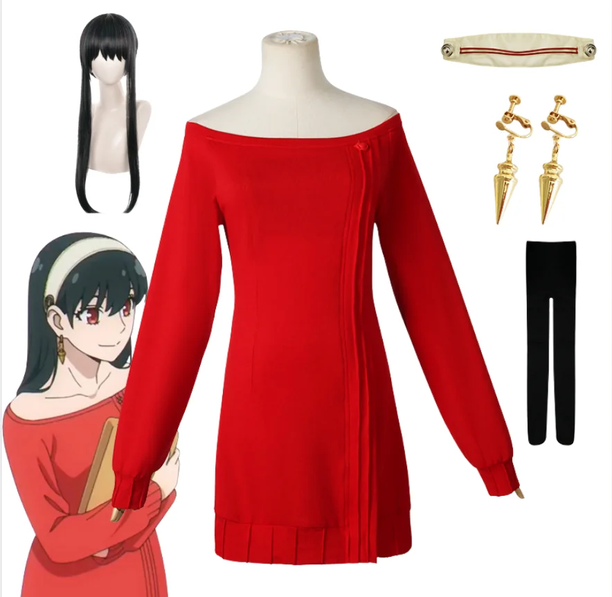 

SPY×FAMILY Cosplay Yor Forger Anime Character Red Sweater Black Socks Earrings Full Set of Halloween Party Exclusive
