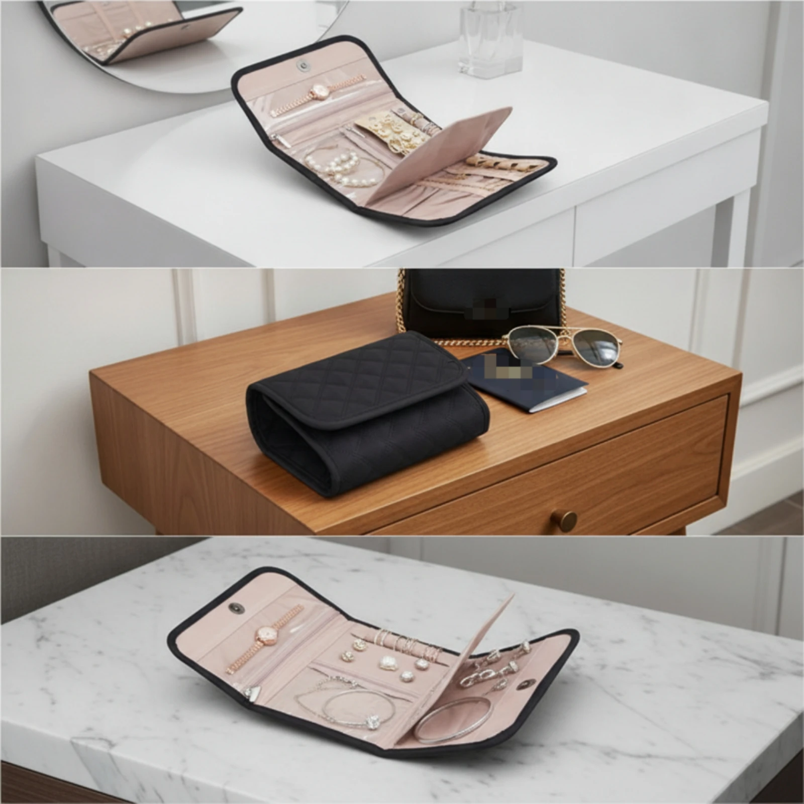Jewelry Storage Pouch Foldable Travel Jewelry Organizer Bag Quilted Compact for Travelers, Trips