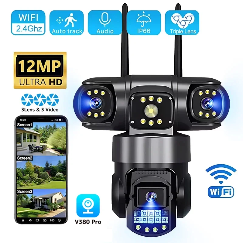 كاميرا مراقبة WiFi بدقة 12 ميجابكسل بدقة 4K رؤية ليلية 360 درجة °   مراقبة CCTV كاميرا مراقبة منزلية لاسلكية واي فاي V380 برو كاميرا مراقبة الطفل