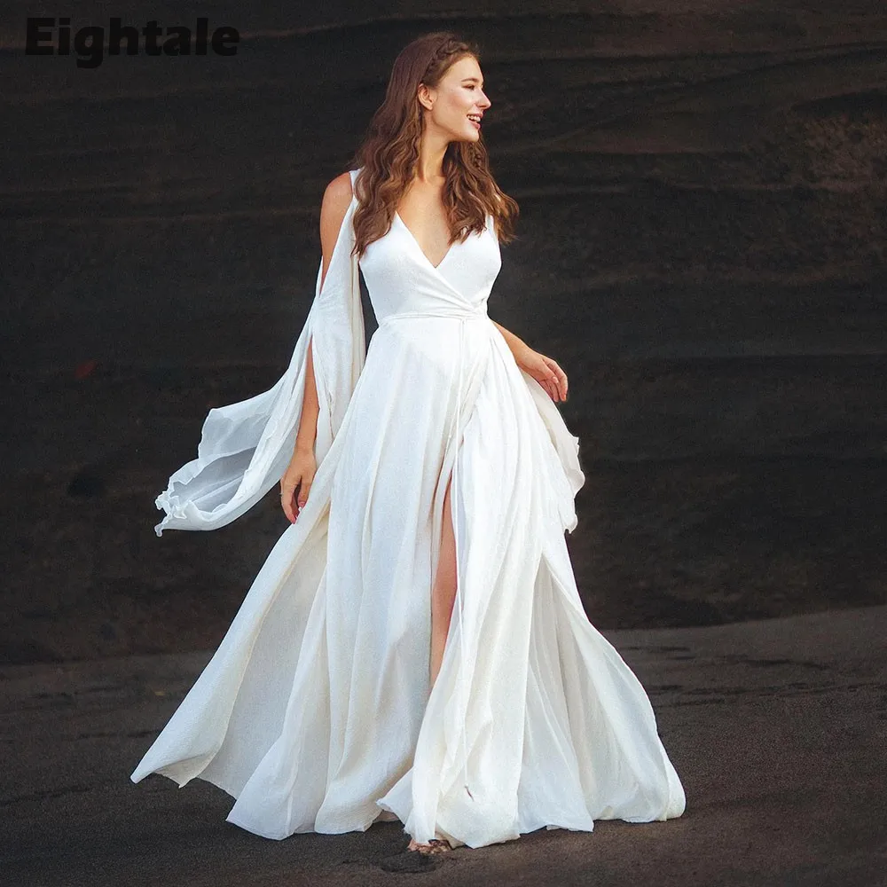 

Eightale Beach Wedding Dress Boho V-Neck Side Slit A-Line Chiffon Evening Party Gowns White Ivory Bridal Gown Robe De Mariée