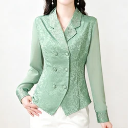 Fashion Design Satin Embroidered Blouses Women 2024 Chic Notched Collar Long Sleeve Outwear Shirts Elegant Office Lady Slim Tops