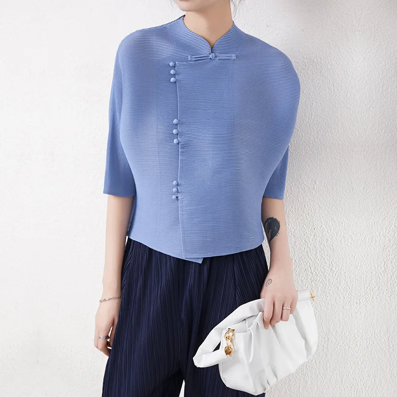 

Vintage Clothes For Women 45-75kg Summer Top Solid Color Loose Elastic Miyake Pleated Half Sleeve T-shirt