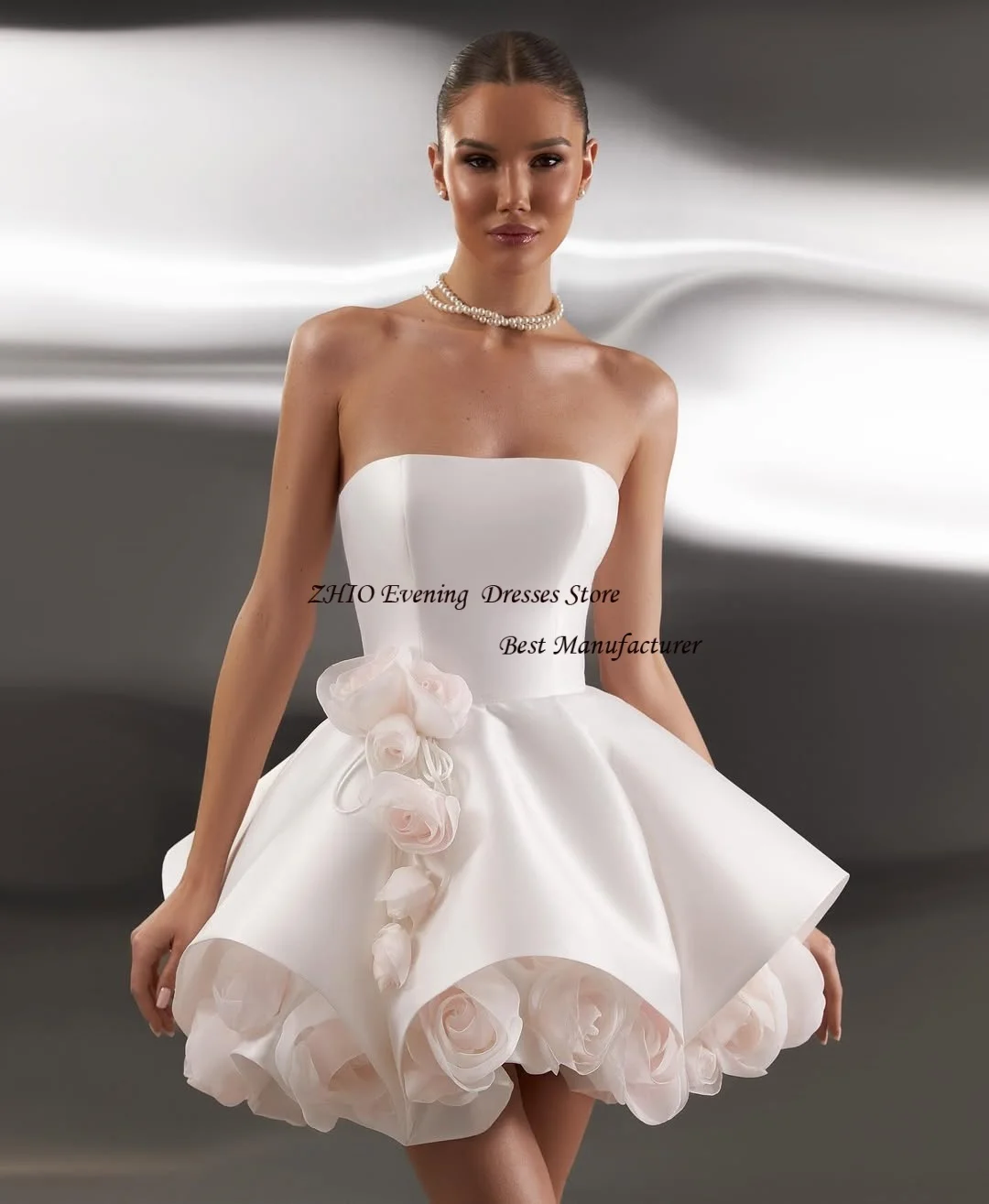 ZHIO Elfenbeinfarbenes, modernes Satin-Abendkleid mit Mini-Länge, Blumenapplikationen, trägerlos, ärmellos, formelle Ballkleider mit Rüschen