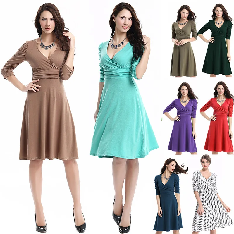 

Fashionable Knitted A-Line Dress Women's Spring Summer Autumn Winter New Style High Waist Cotton Midi Skirt V-Neck Dress