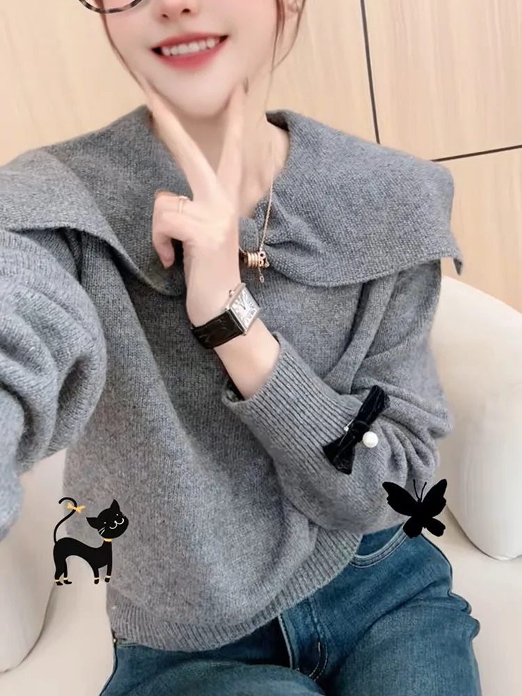 

Faionable корейский вязаный свитер с воротником-бабочкой плюс размер Base irt Ele Ladylike осень-зима High End Feel