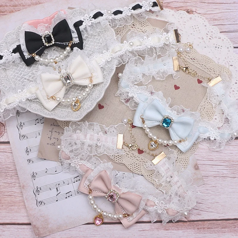 Lush Ribbon Bow Lace Handmade Bracelet and Choker Women's Ornament Beaded Bow Necklace Sweet Cute Lolita Accessories for Woman