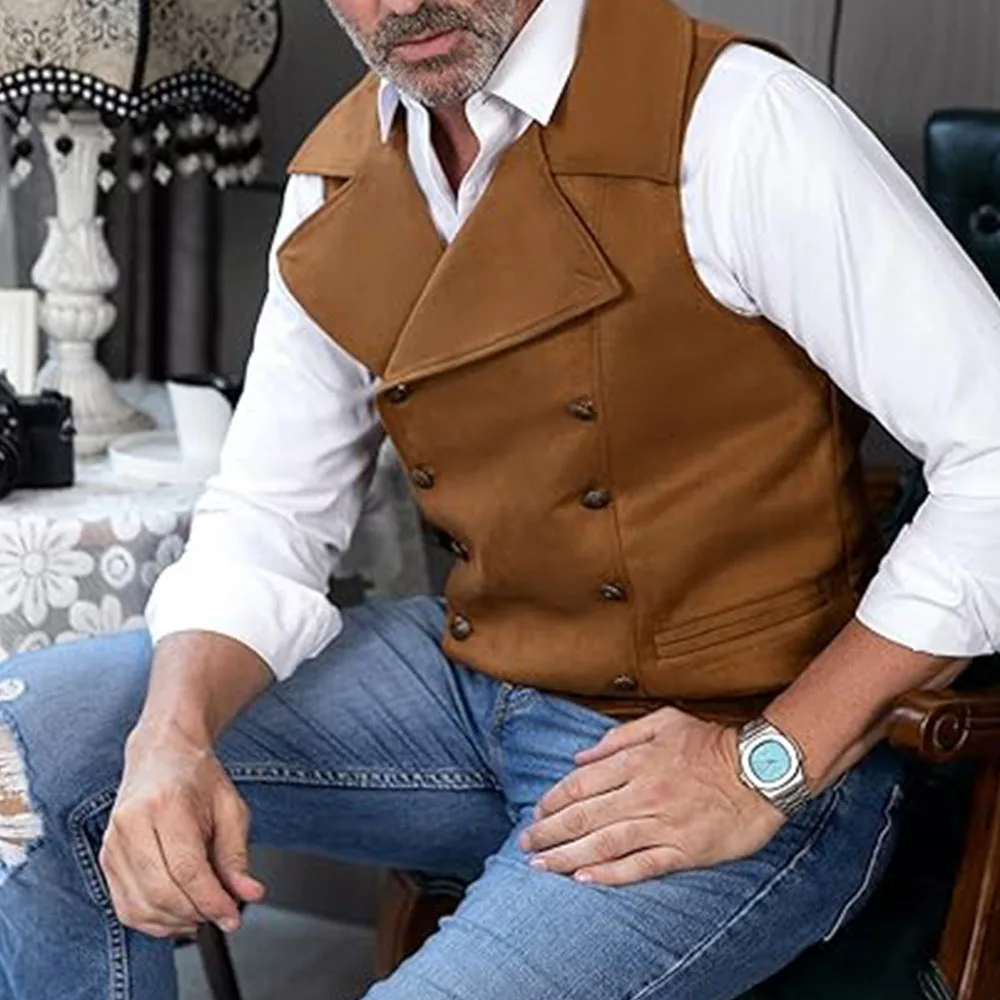 

Mens Suit Suede Double Breasted Vest Classic Groomsmen Wedding Waistcoat Leather Big Lapel