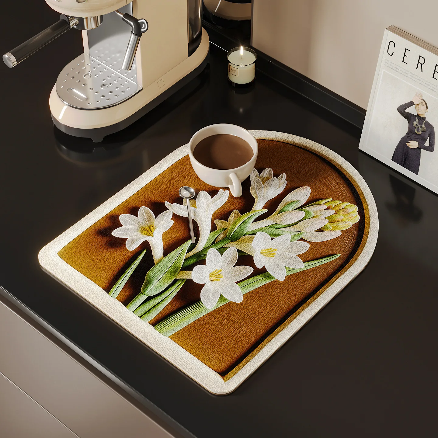 Retro Kitchen Draining Mat Countertop Water-absorbing Non-slip Pad Coffee Machine Kitchen Sinks Tabletop Heat-insulating Tea Mat