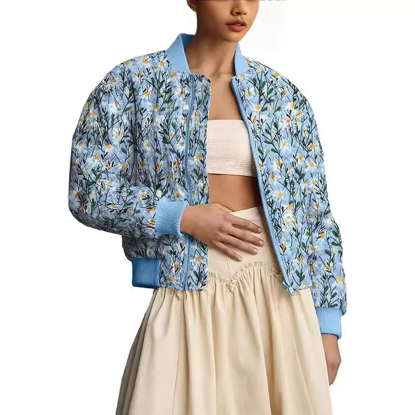 Women's Short Bomber Jacket Cotton Puffer Daisy Print Zippered Pockets, Western Style Sweet Fresh, Warm Comfortable Multi-Color