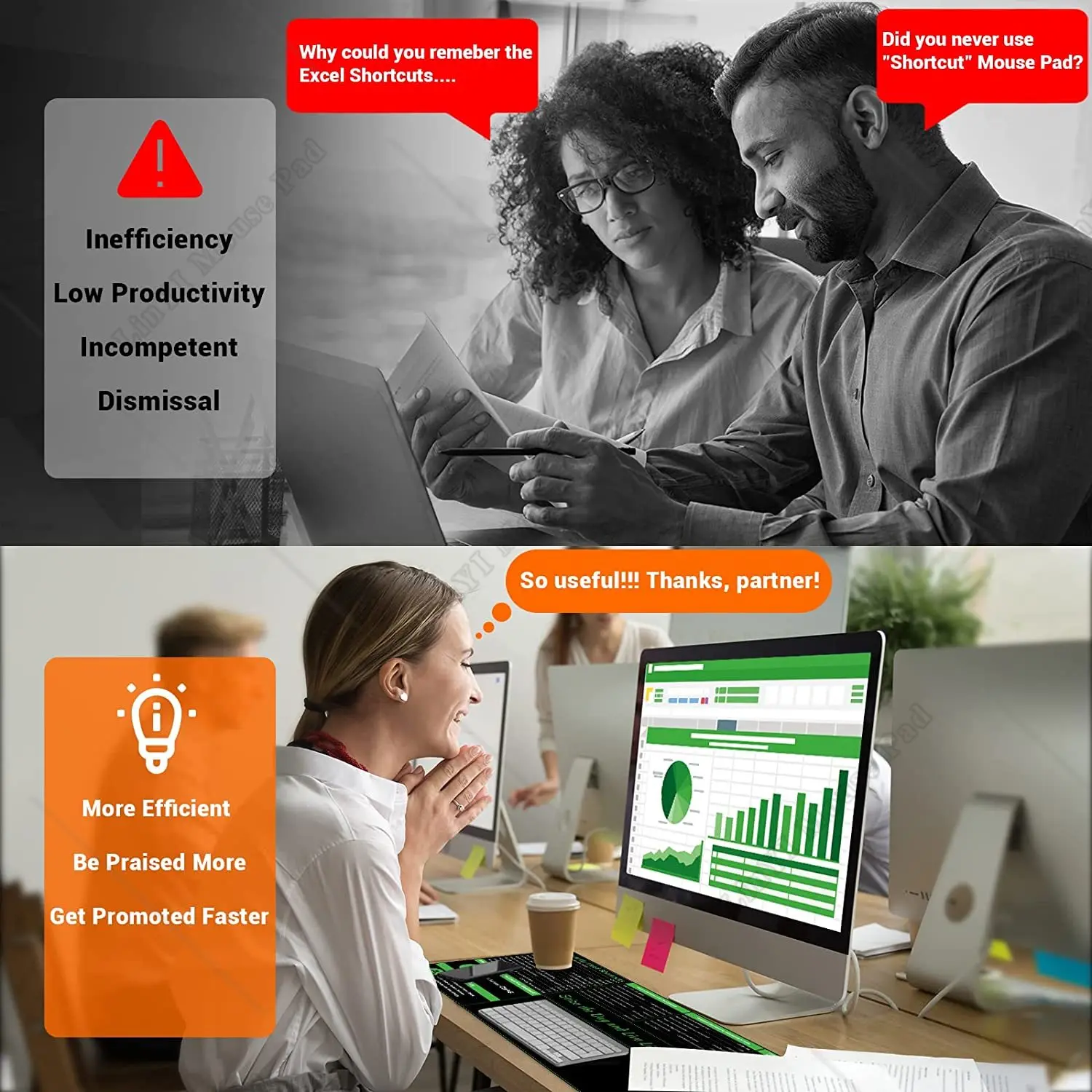 Large Excel Shortcut Mouse Pad Extended Mouse Pad with Stitched Edges Non-Slip Base Keyboard Mats for Desk, 31.5x11.8