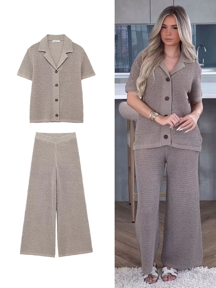 TRAF 2 Piece Women Chic Knitted Cardigan Top Hollow Out Suit Loose Solid Elastic Waist Wide Leg Pants Causal Outfits