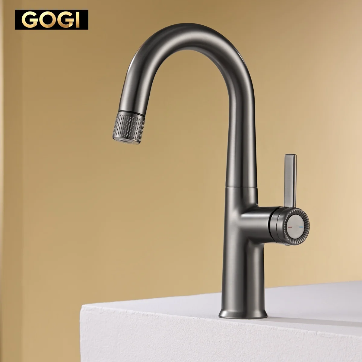 GOGI Solid Brass Gun Gray Pull Out Bathroom Basin Faucet, 3 Spray Modes Ceramic Cartridge Hot Cold Water Sink Mixer Tap