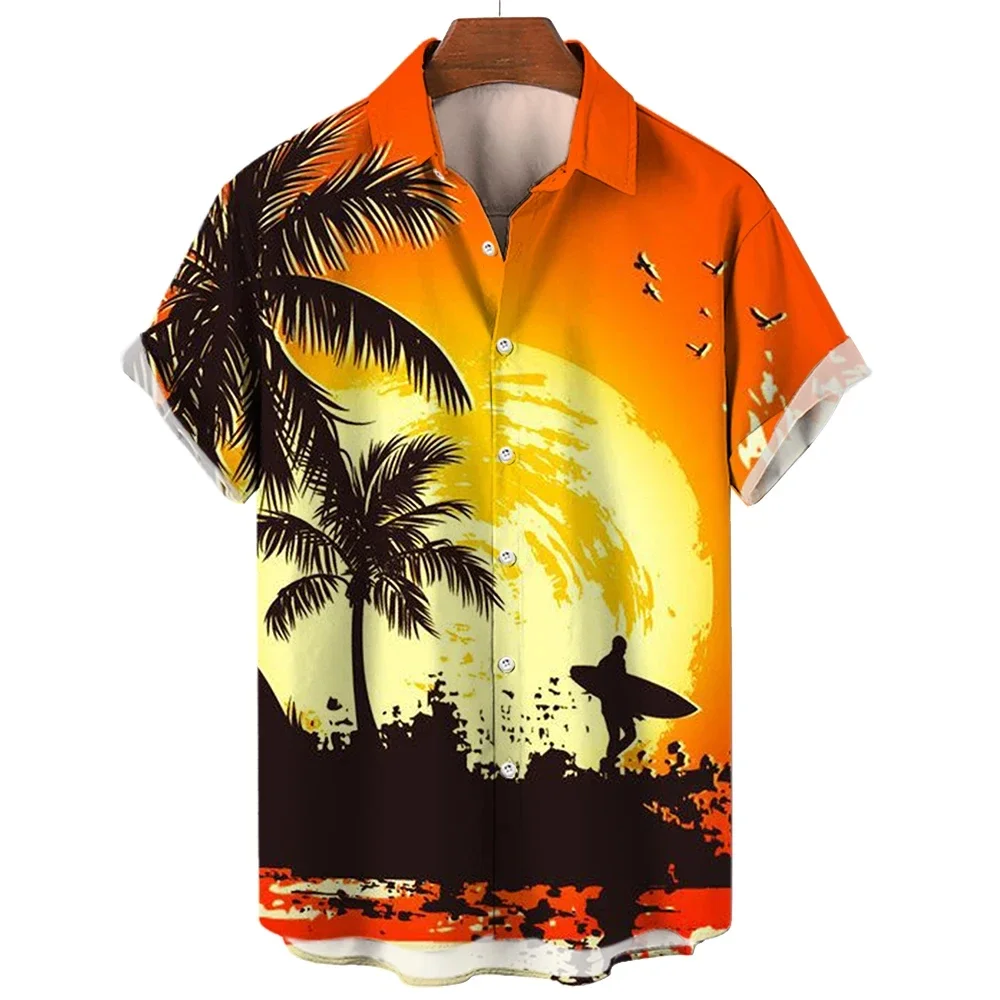 Camisas de manga corta para hombre y mujer, Tops con estampado de patrón de atardecer Hawaiano a la moda, camisas informales con botones