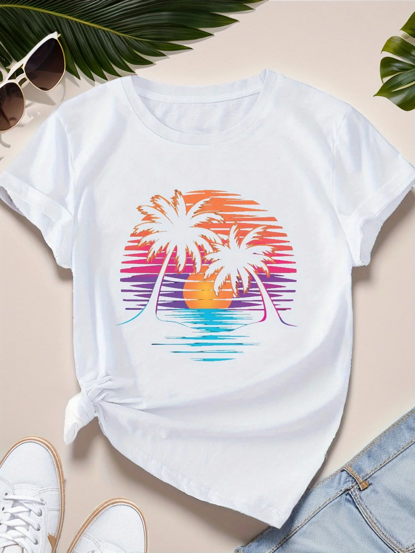 Palm Sunset – T-Shirt de sport à manches courtes pour femmes, Harajuku, vêtements décontractés, hauts de rue, vêtements esthétiques
