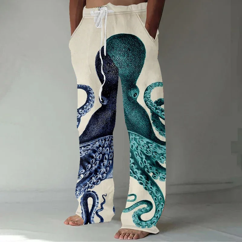 Men's Vintage Japanese Art Octopuses Print Linen Blend Casual Pants Harajuku Wide Leg Pants Hipster Trousers Men Streetwear