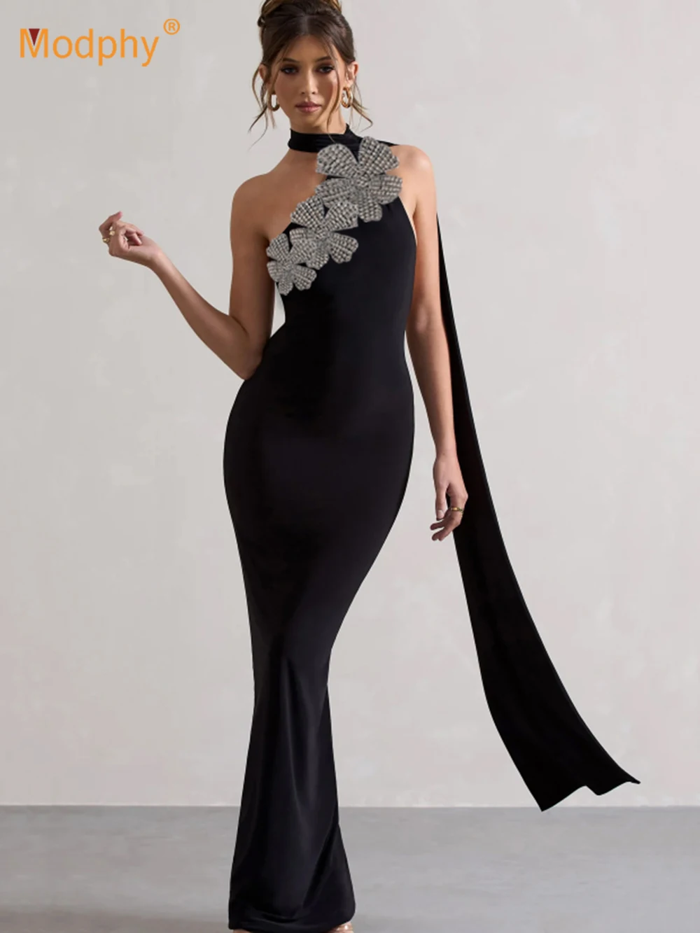 

Modphy Sexy Diamond Flower Splicing Bandage Maxi Dress Women One Shoulder Halter Black Evening Party Club Long Dresses Vestido